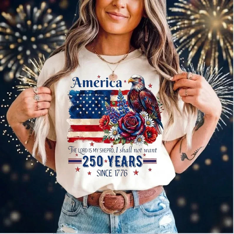 250 Years Shirt, Patriotic Eagle Floral Independence Day Tee gallery
