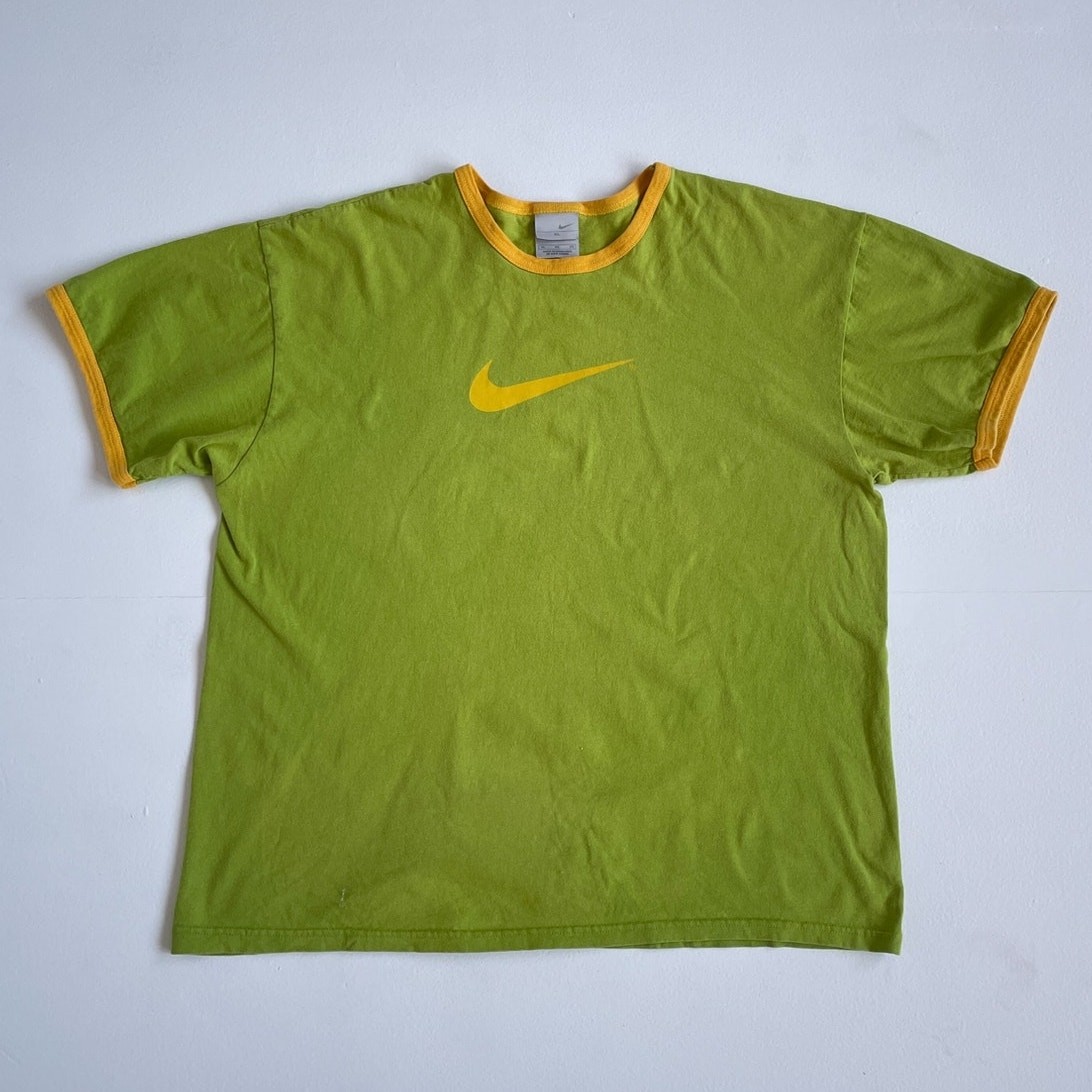 Vtg 90s Y2K Lemon + Lime NIKE Ringer Swoosh T-Shirt / Size XL Cotton Logo Sport