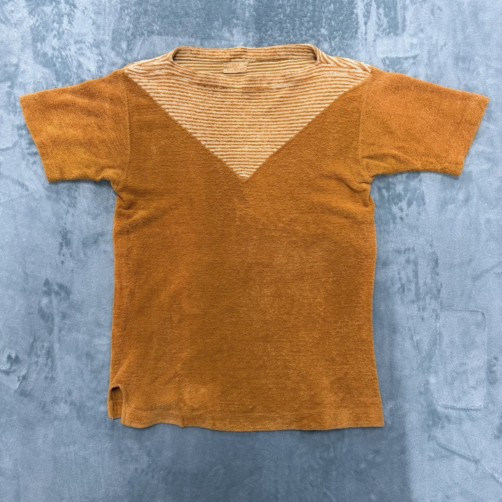 RARE Vintage Baskin Terry Cloth V Neck Resort Beach Shirt Top Orange 50s 60s