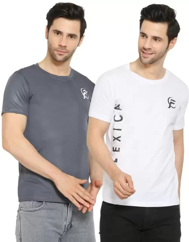 FLEXICA MENS Pack of 2 Men Solid Round Neck Polyester Grey, COTTON White T-Shirt gallery