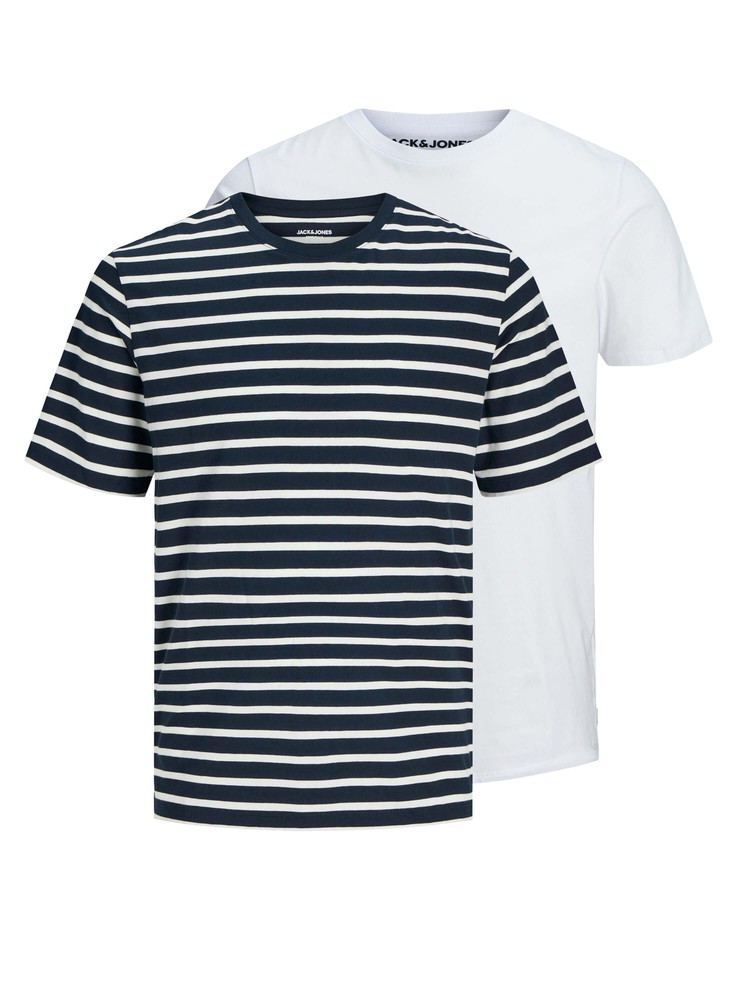 Jack & Jones 2 Pack JJEORGANIC Crew Neck T-Shirts – White/Navy Stripes