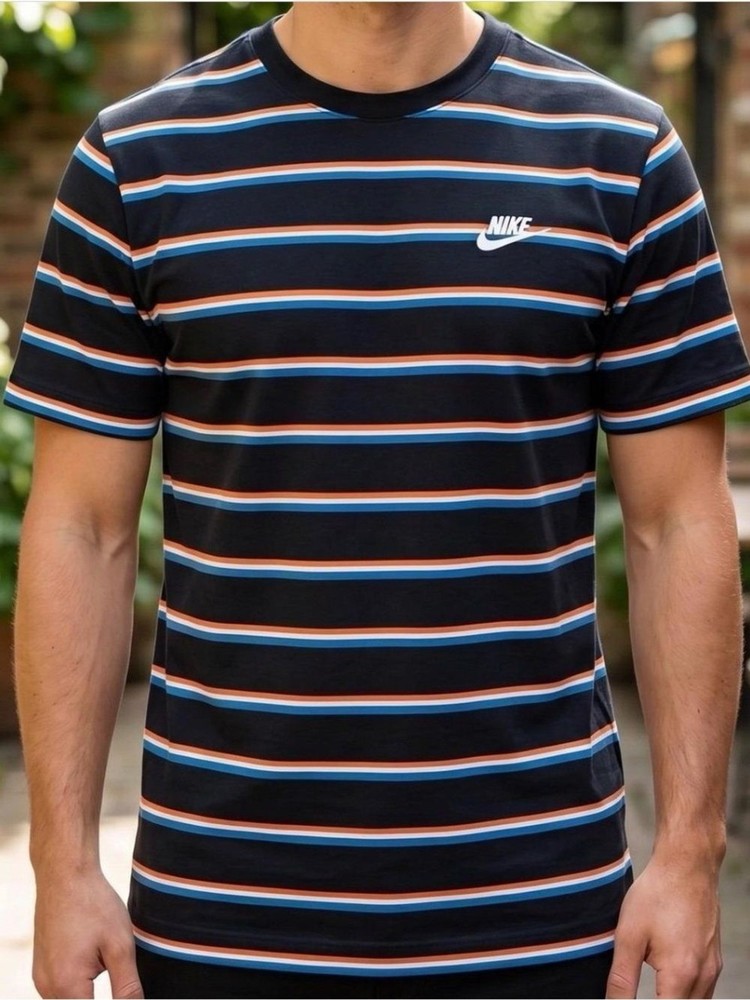 Nike Black Short-Sleeve Striped Tee with Blue and Orange Accents