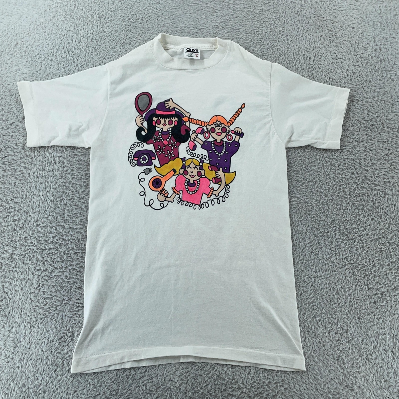 Vintage 90s Girls Beauty Salon Cartoon T-Shirt XXS Telephone Hair Graphic Art gallery