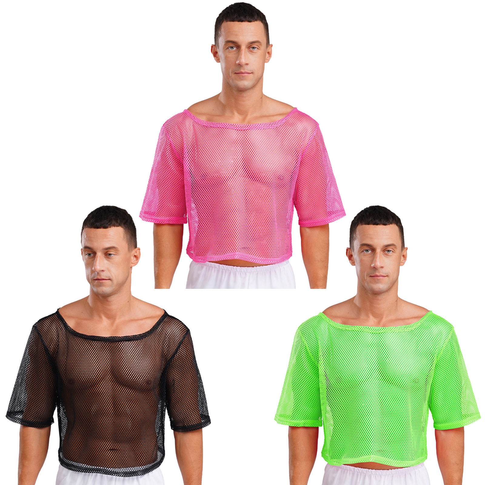 Mens T-shirt Mesh Crop Tops See-Through Tee Vintage Short Sleeve Dance Sexy 80s gallery