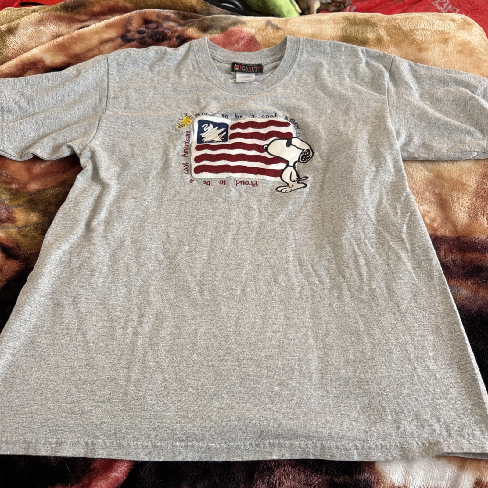 VTG Peanuts Collection “Proud To Be A Cool American” Snoopy Woodstock L Shirt gallery