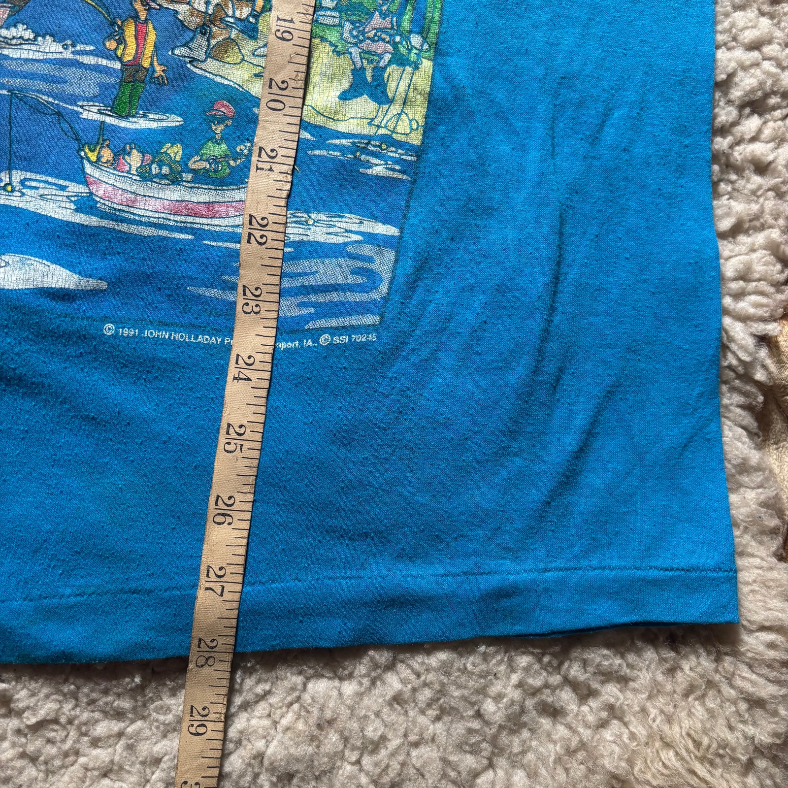 1991 The Fisherman Lake Cartoon Men's Blue T-Shirt Size L John Holladay 90s Vtg gallery