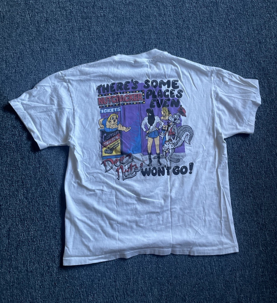 Vintage 90s Deez Nuts Funny Men’s White Shirt Sz Large Comic Big Johnson Style