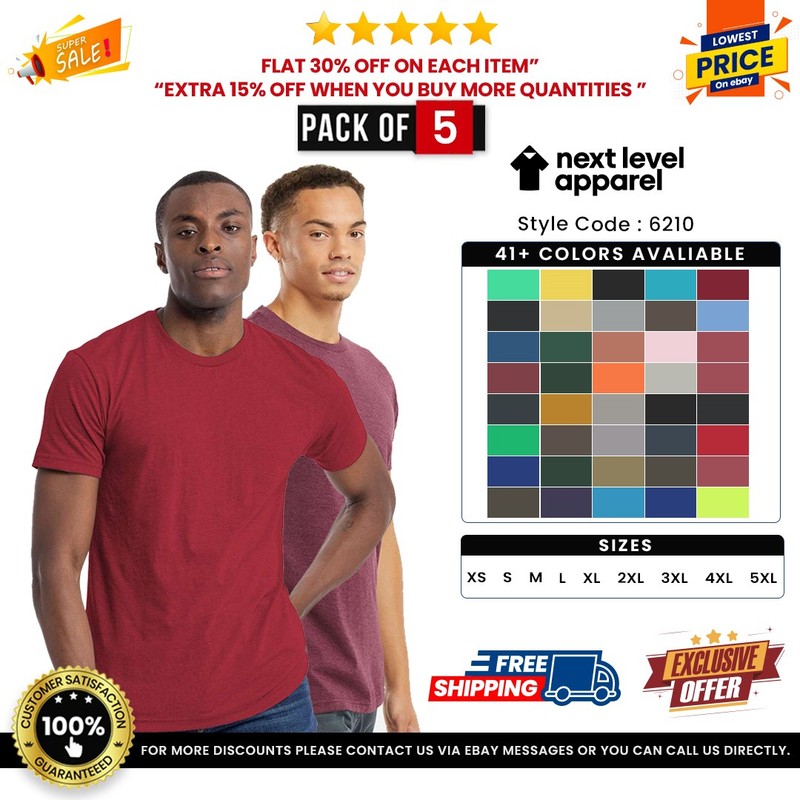 5 Pack Of Next Level Apparel N6210 Unisex CVC Premium Soft Tee Crewneck T-Shirt
