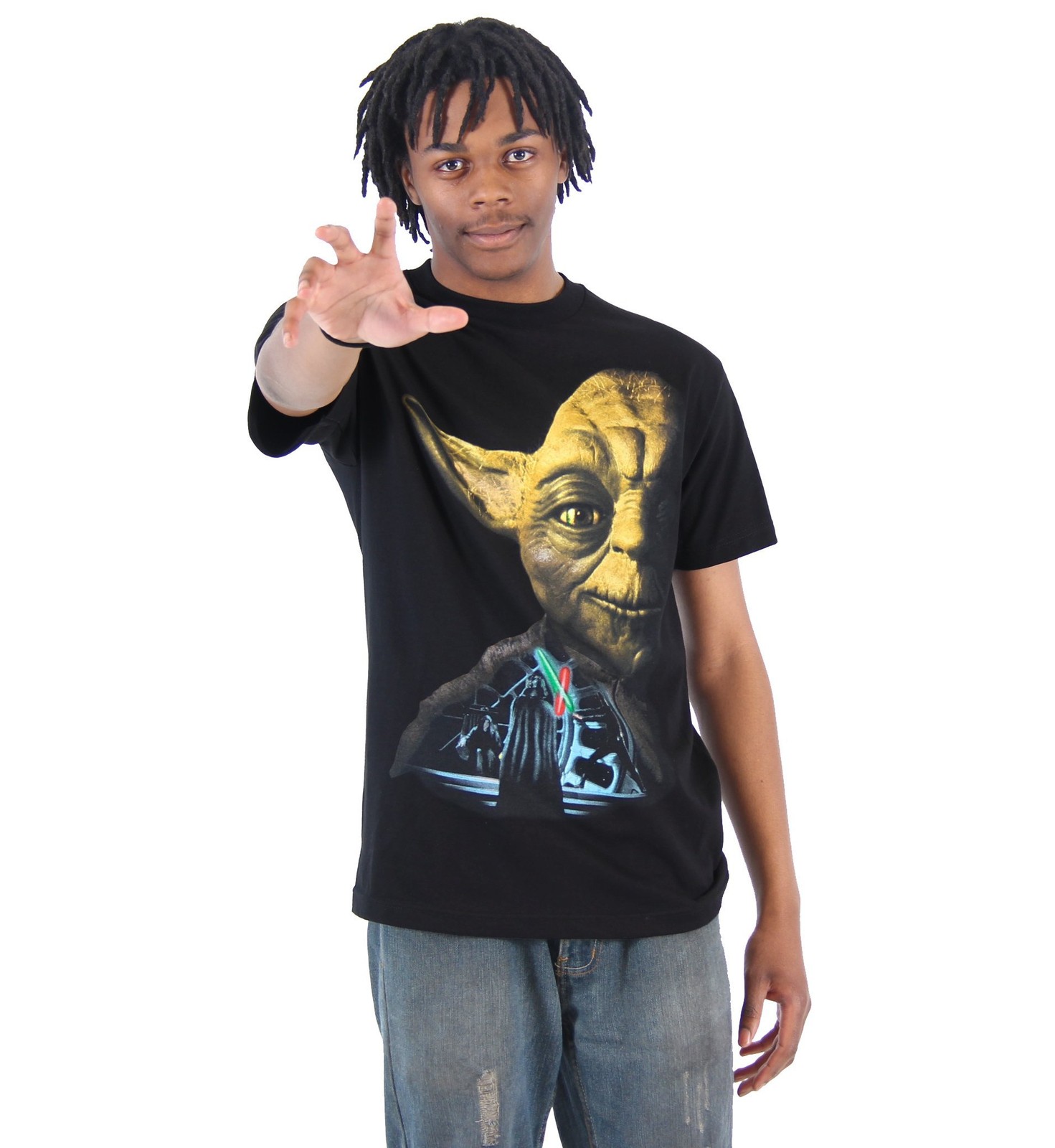 Star Wars Mens T-Shirt - Giant Yoda Half Face Over Saber Battle Image gallery