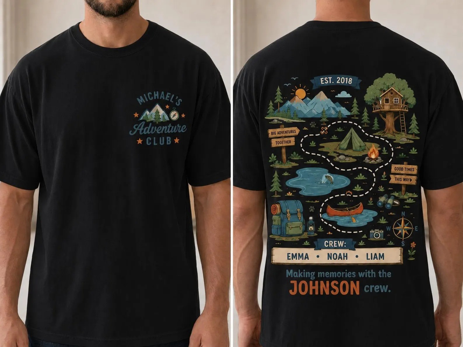 Personalized Adventure Dad Custom Outdoor Dad Tee, Kids Names Camping T-Shirt gallery