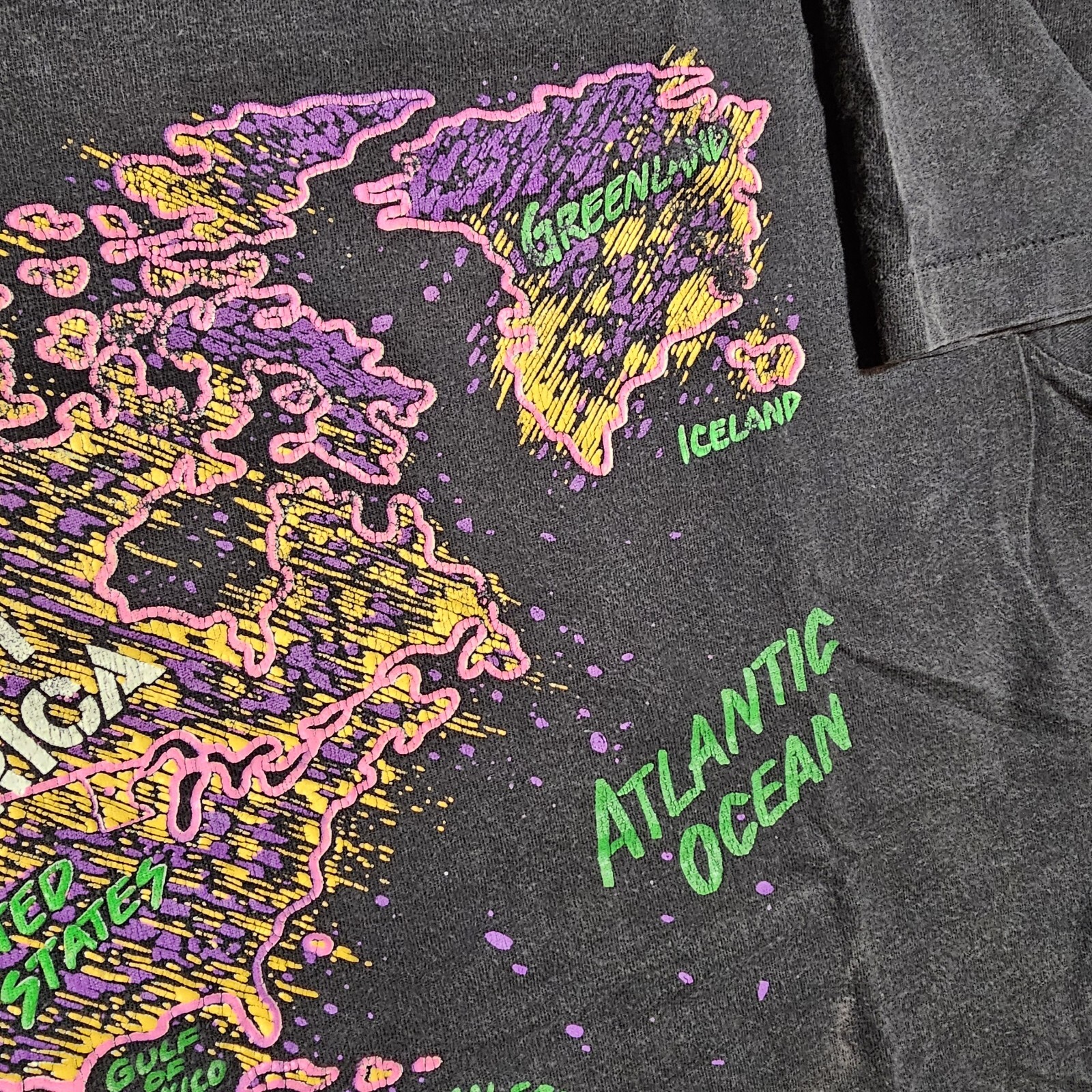 Vintage 90s World Map Camp T-Shirt Mens L Black Double Sided Neon Rave Single S gallery