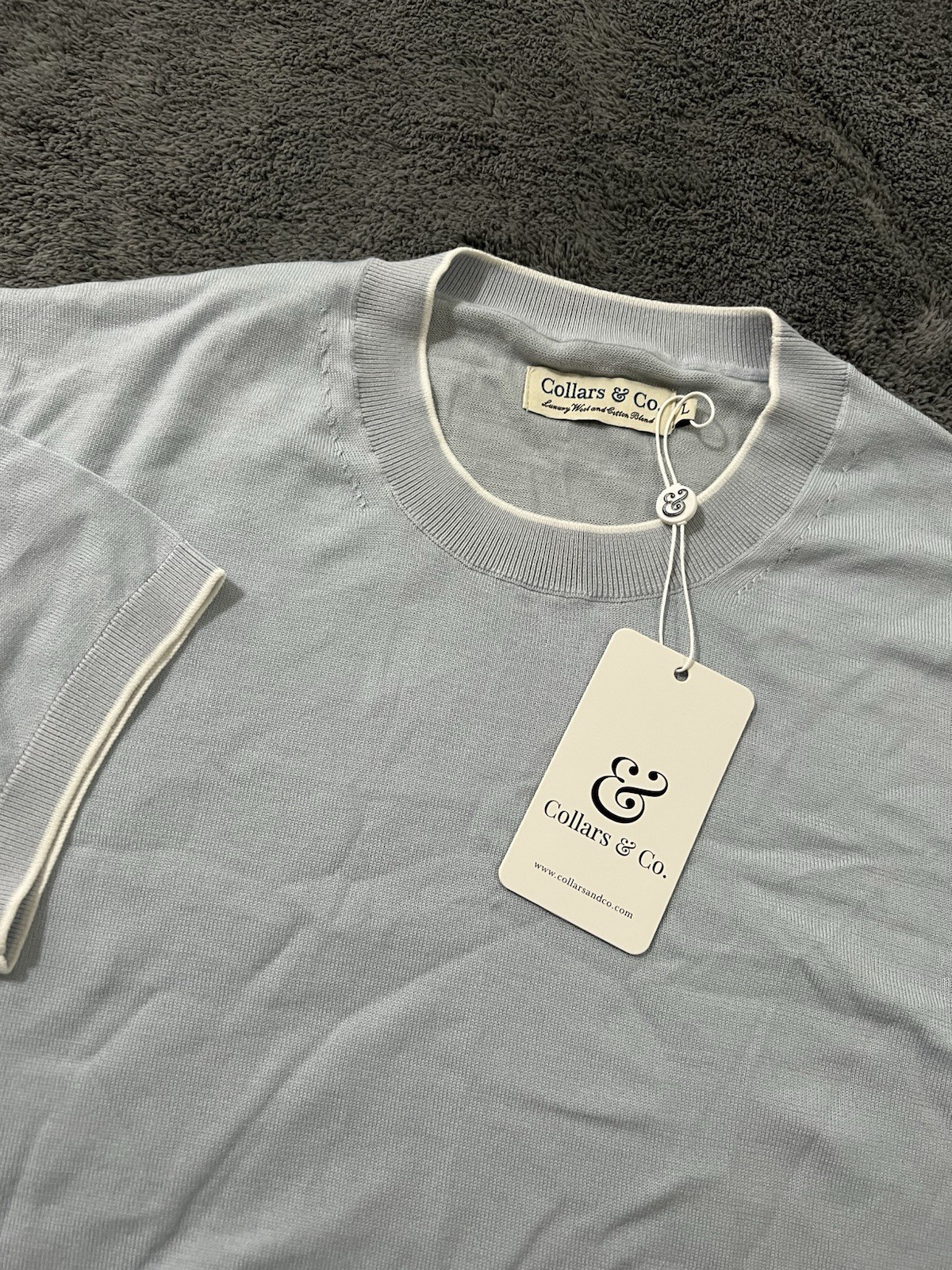 Collars & Co Shirt Mens L Blue Wool Blend Crew Neck Short Sleeve Tee gallery