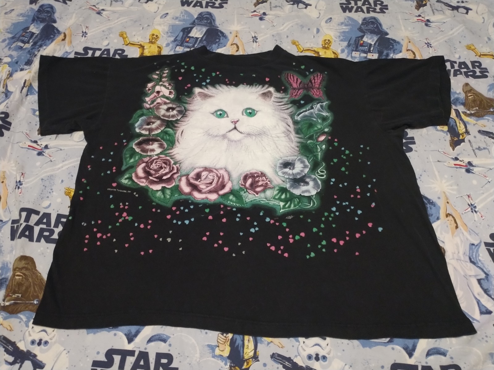 Vintage Cat Heart All Over Print Hearts XLarge Single Stitch See Measurement Pic gallery