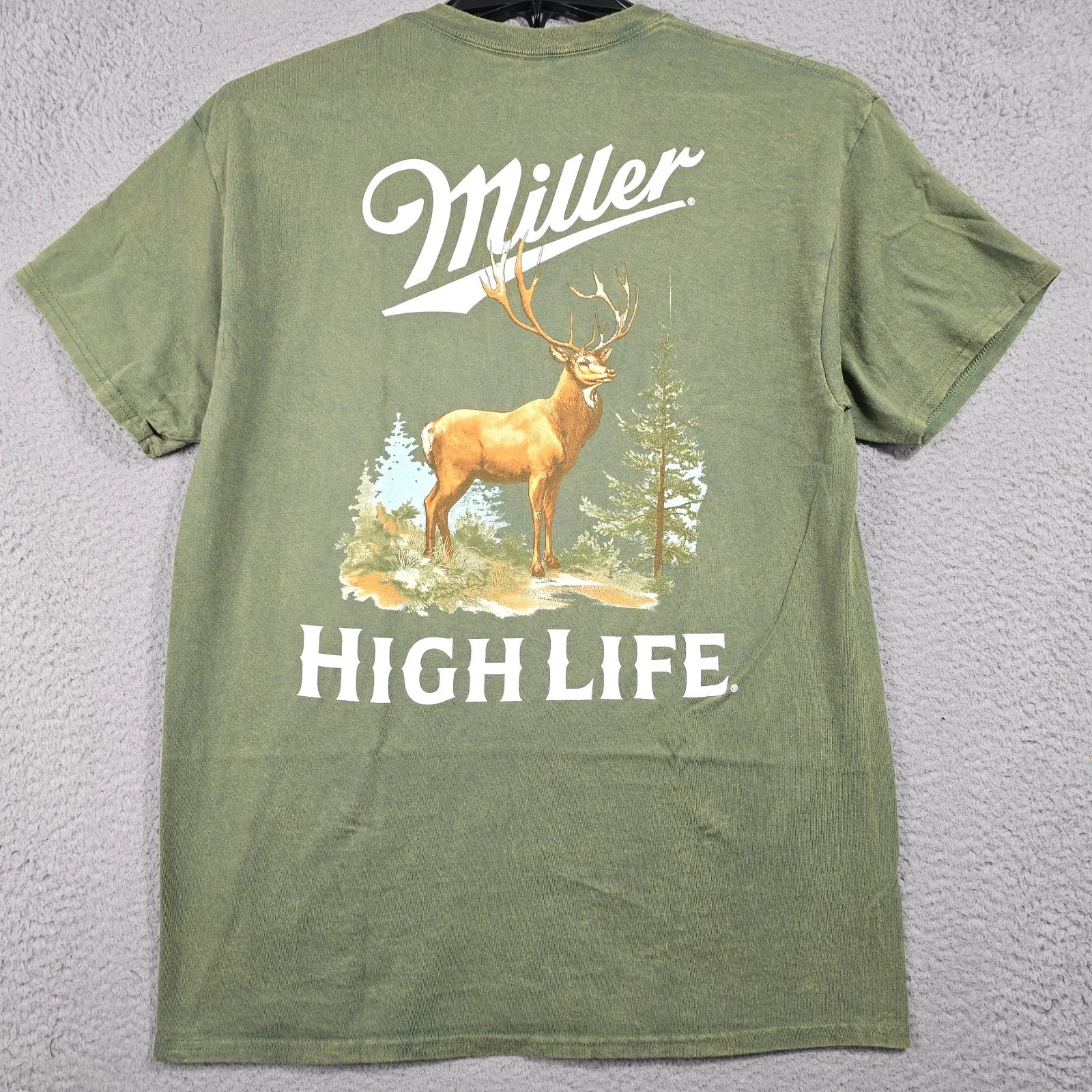 MILLER HIGH LIFE Beer Deer Shirt Mens Large Green Weathered Hunting Casual NWT