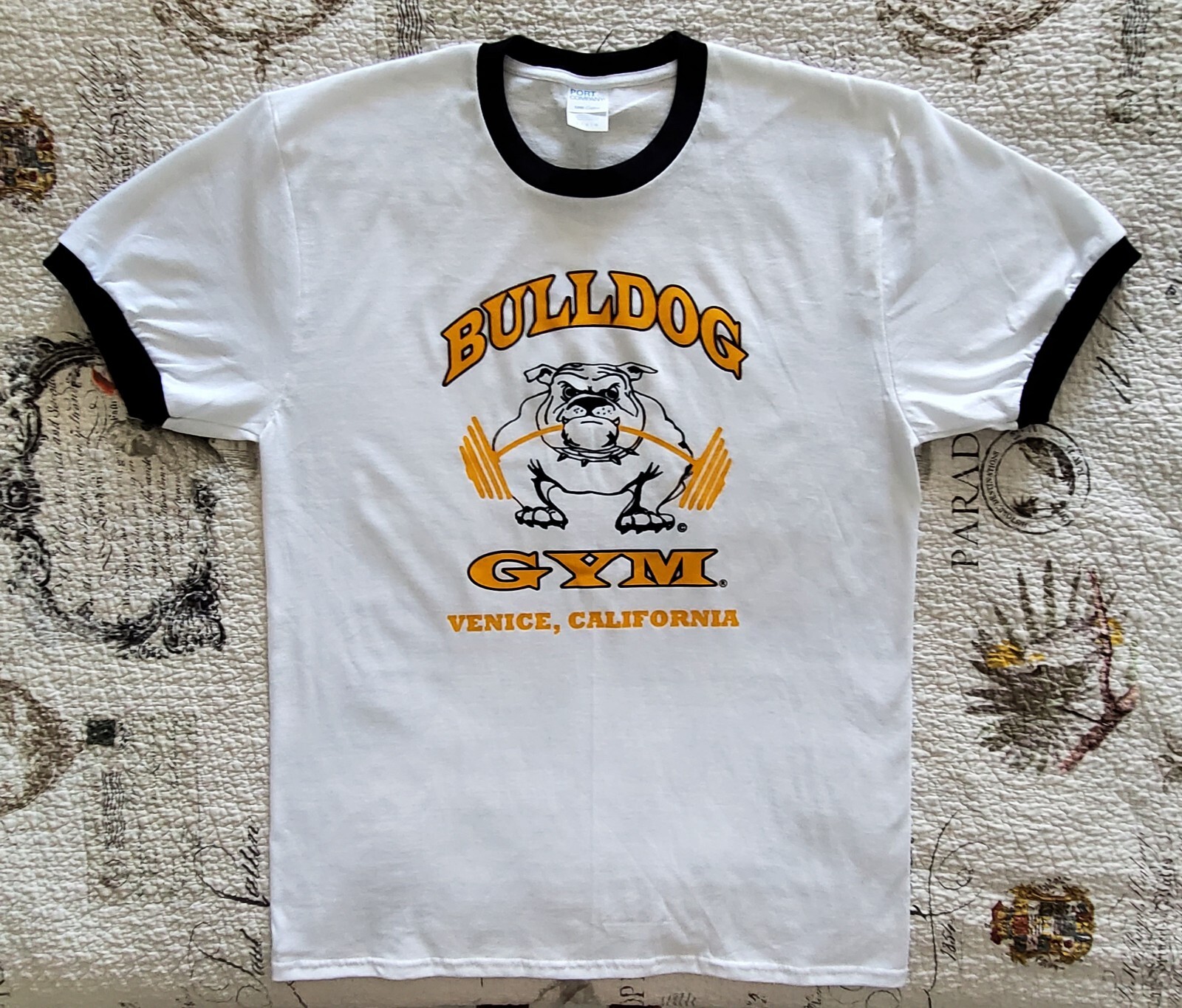 Bulldog Gym Venice Beach California White / Black / Vintage Gold Ringer T-Shirt gallery
