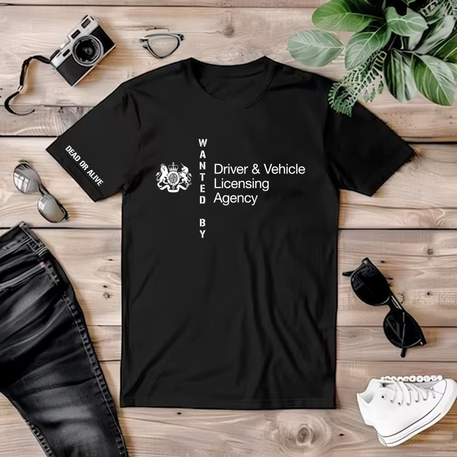 Wanted By DVLA Fancy Dress Funny t shirt unisex mens womens kids Gift Idea