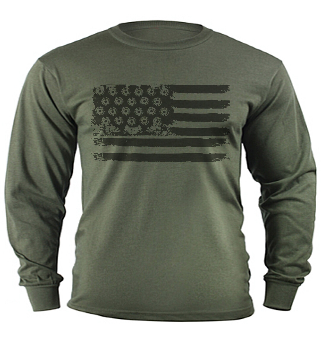 American Flag Bullet Holes Shirt Long Sleeve Graphic Tee Military Tactical Gear