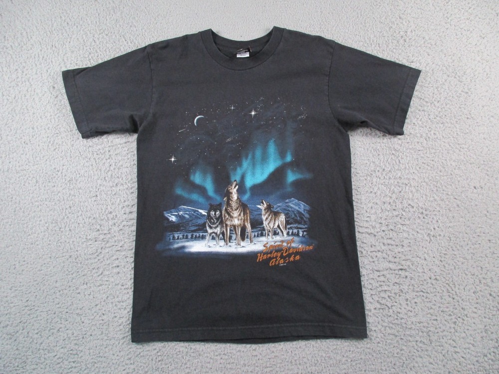 Harley Davidson Shirt Mens Medium Black Fairbanks Alaska Wolves Vintage Y2K