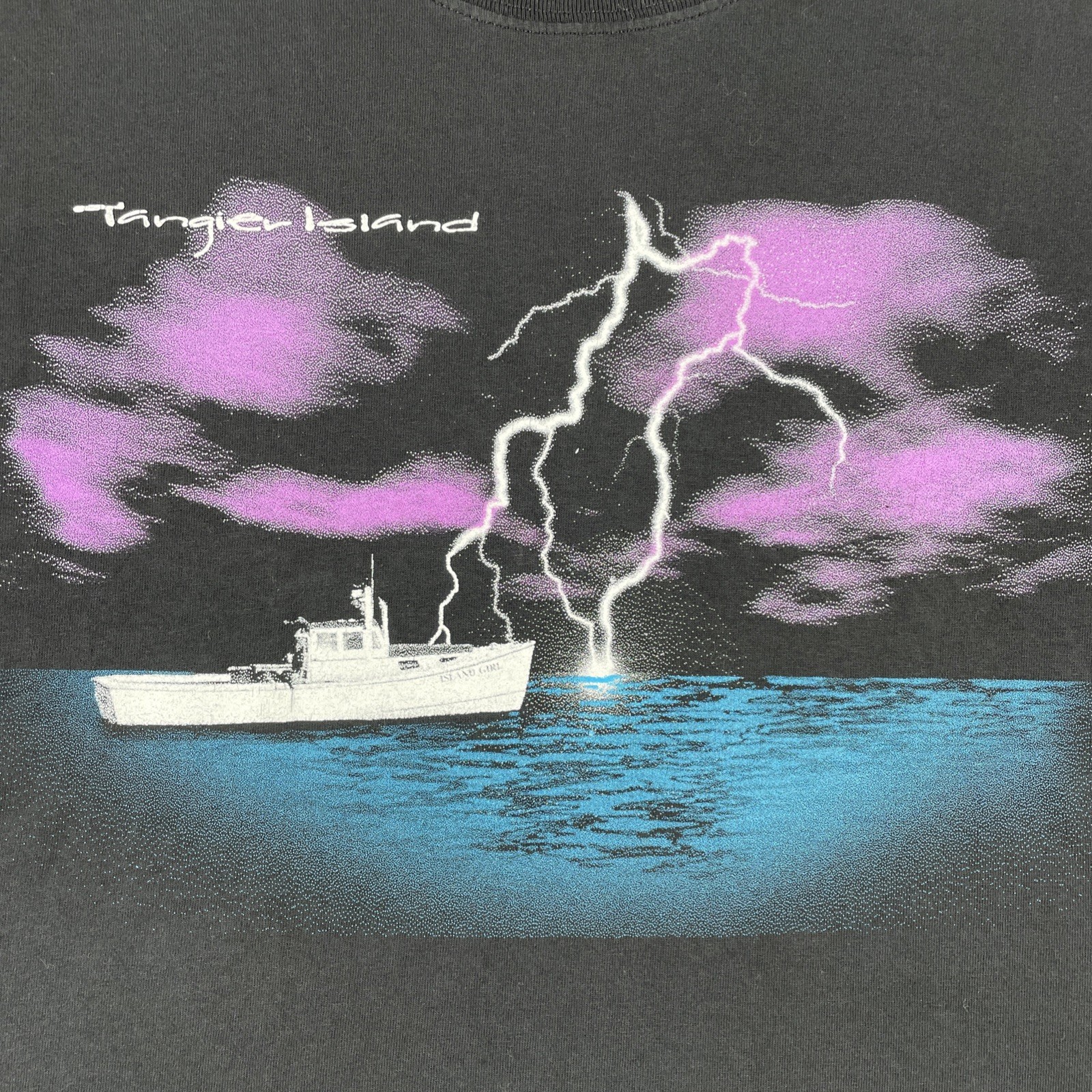 Vtg Gildan Black XL Tangier Island Virginia Lightning Boat Graphic East Coast gallery
