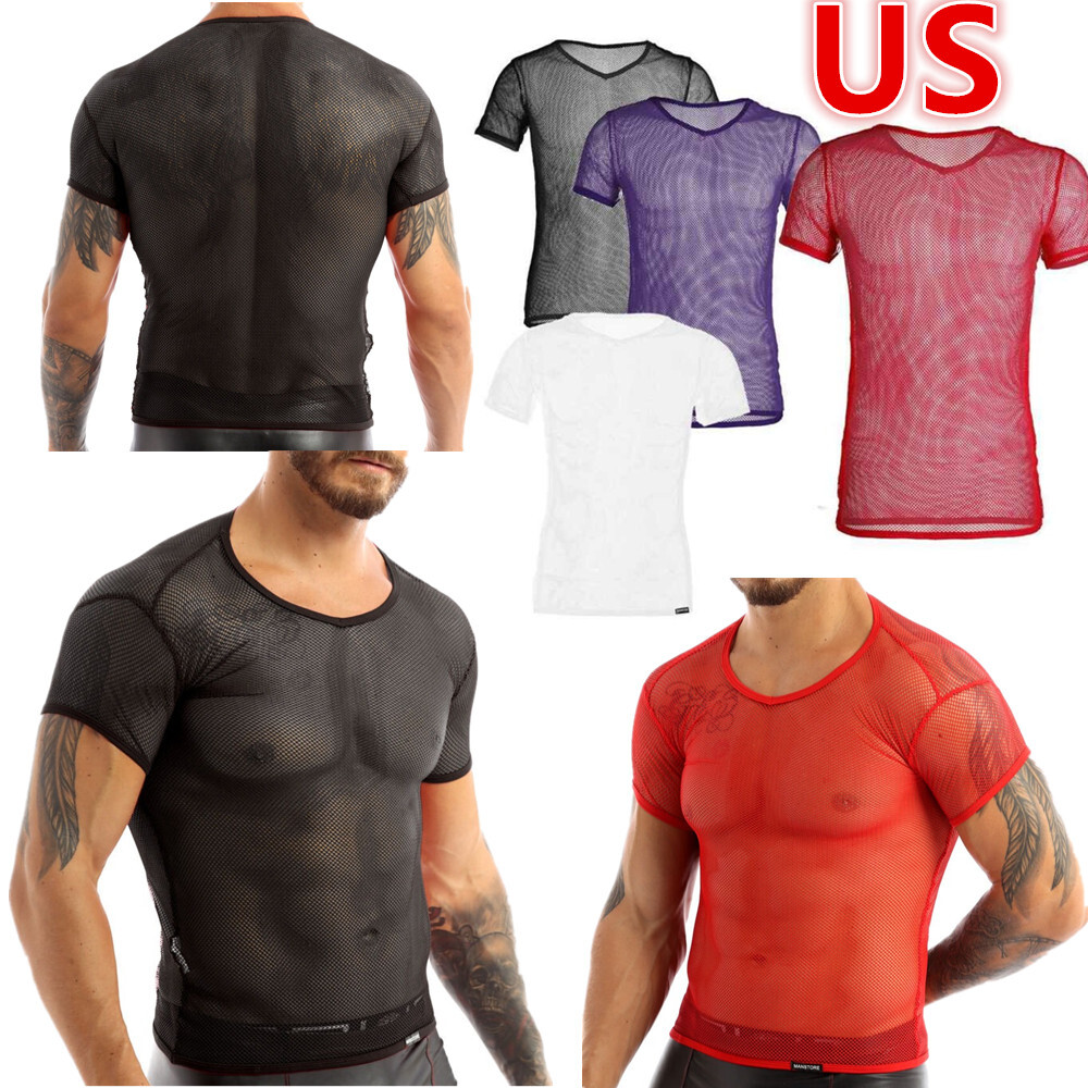 US Men's Sheer Mesh Fitted Short Sleeve Muscle Tank Tops Hollow Out Undershirt