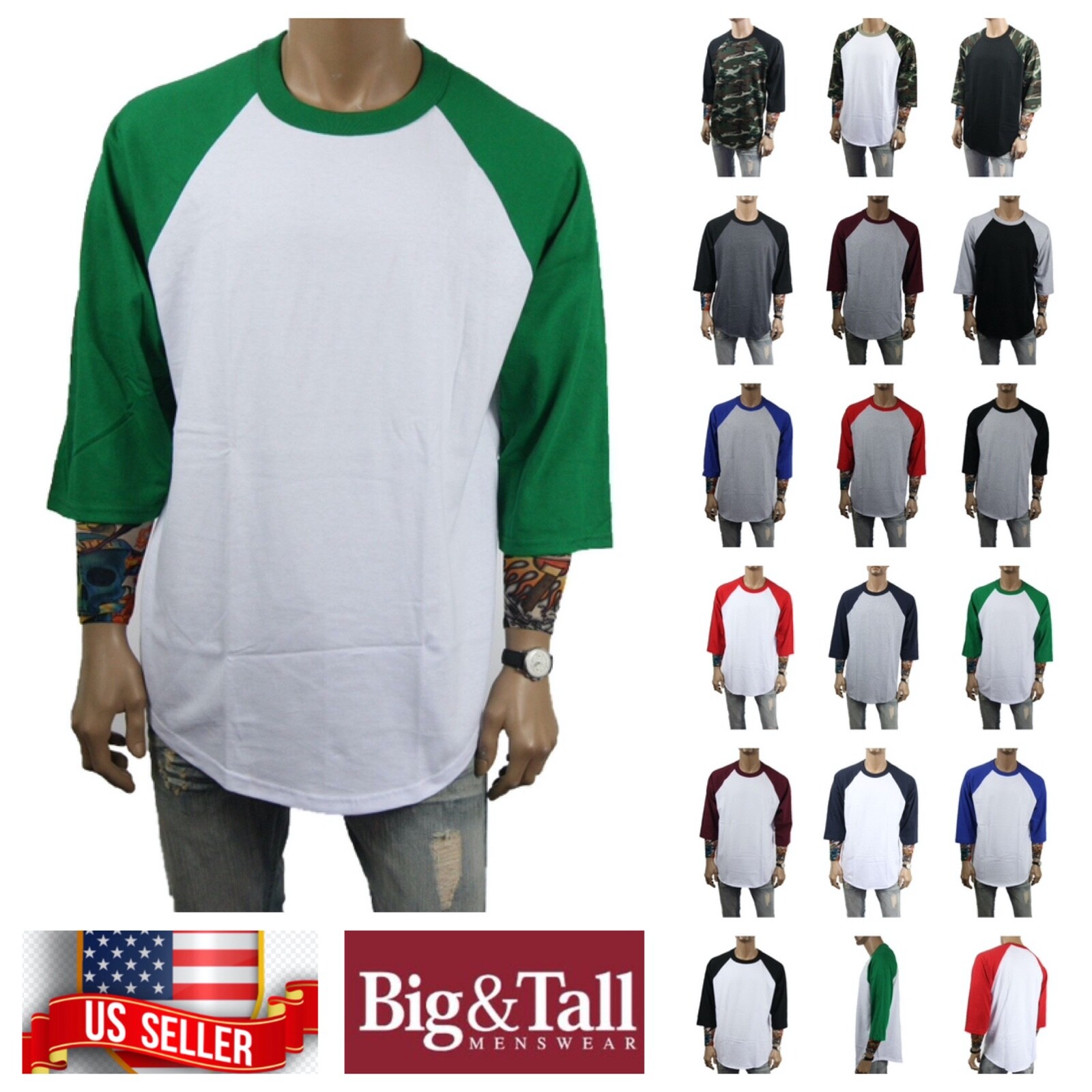 Men S-3XL Baseball Plain T-Shirt Lot 3/4 Sleeve Raglan Crew Neck Sports Jersey gallery