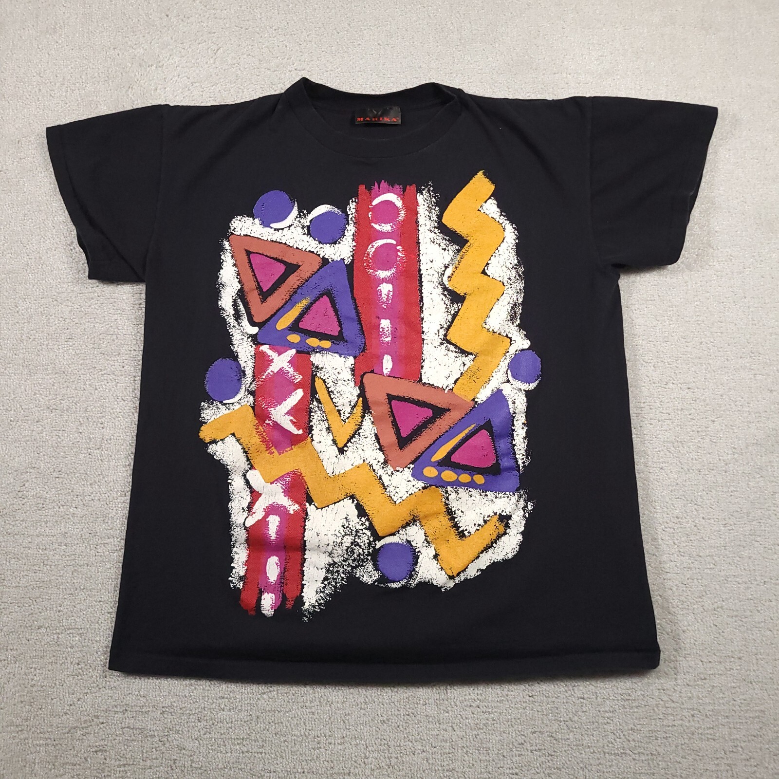 Vtg Marika T-Shirt Mens OSFA All Over Print Black Art Painting Abstract 90s USA