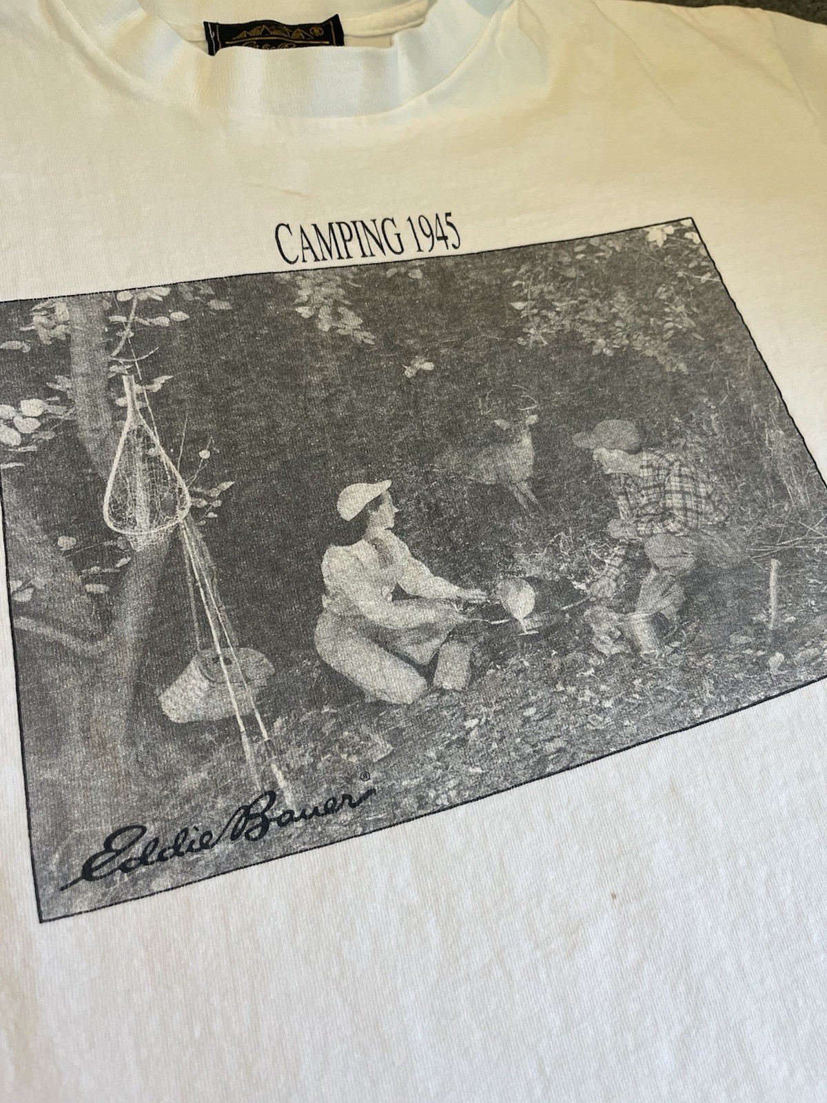 Rare Vintage Eddie Bauer Camping 1945 Graphic Tee Shirt USA White Size Large gallery