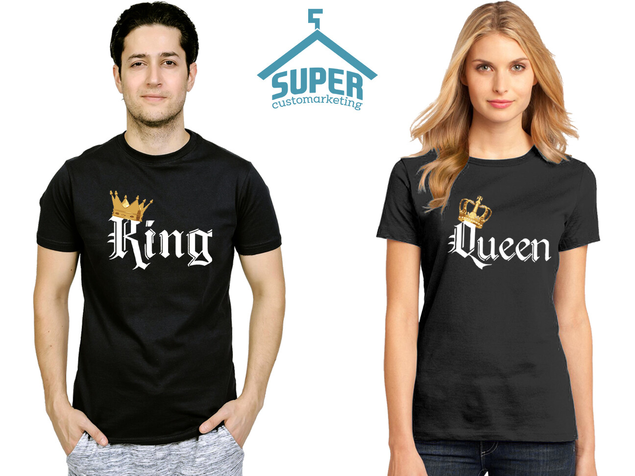 King Queen TSHIRTS COLOR Gold Crown White Font Best Matching Love Couple