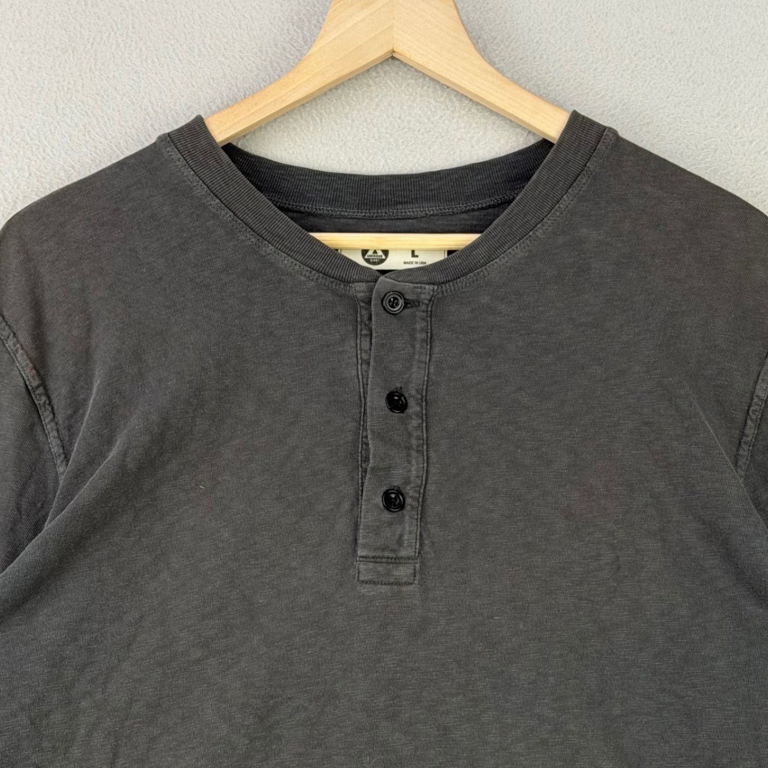 American Giant Henley Shirt Mens Large Washed Charcoal Long Sleeve Made in USA