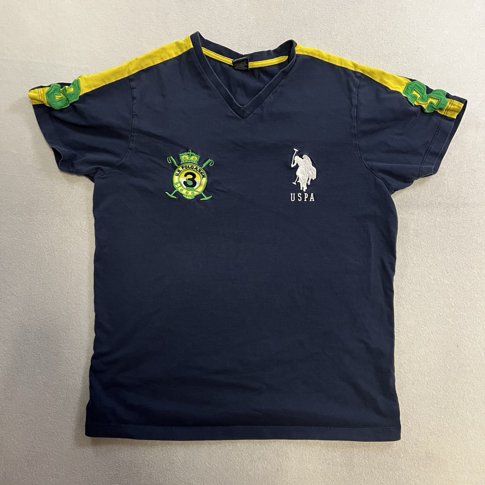 U.S. Polo Assn V Neck T-Shirt Mens Medium #3 Big Pony Embroidered Yellow Stripes gallery