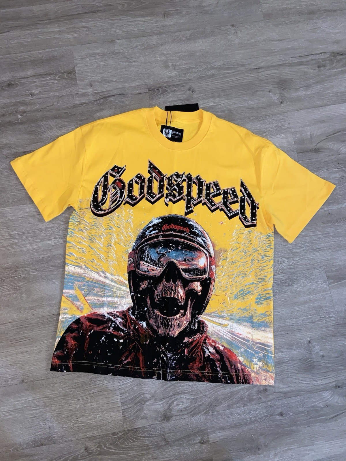 Godspeed Men's Yellow Crew Neck Short Sleeve Logo Graphic Print T-Shirt gallery