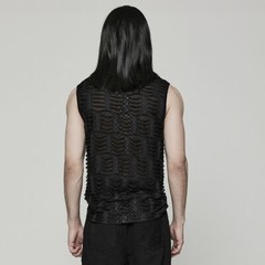 Punk Rave Elastic Splicing Sleeveless Men T-Shirt Spider Mesh Broken Hole Vest