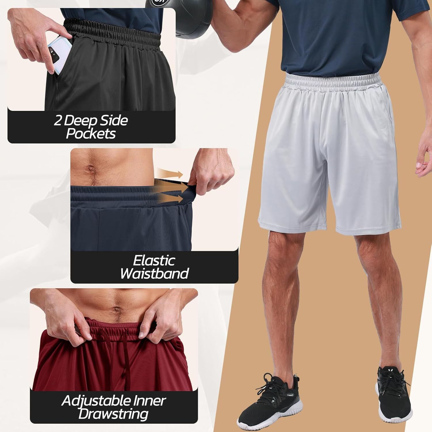 3 Pack Gym Basketball Mens Shorts - Quick Large, 1-black/Dark Grey/Navy Blue gallery