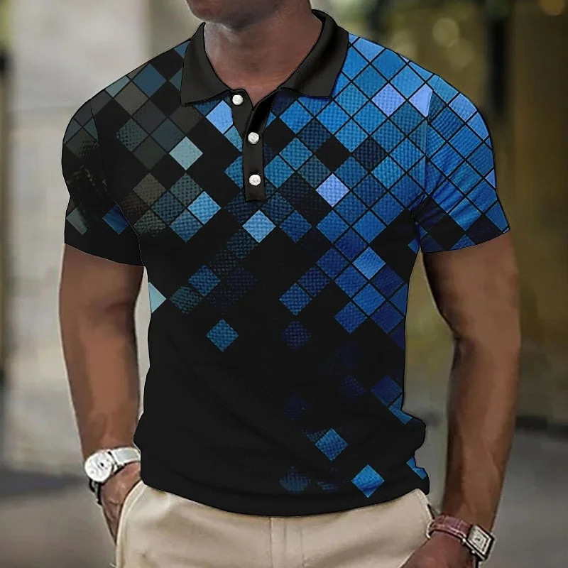 Color Geometry Pattern Polo Shirt For Men Grid Splicing 3D Print Tees Summer Ca gallery