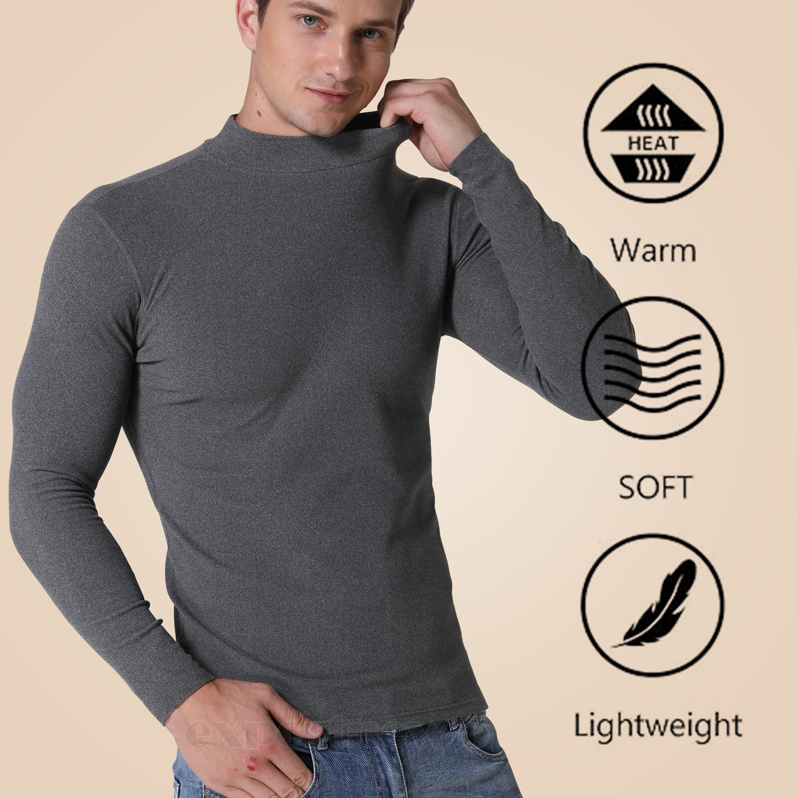 Men Long Sleeve T-shirt High Neck Jumper Undershirt Mock Neck Tops Pullover Slim gallery