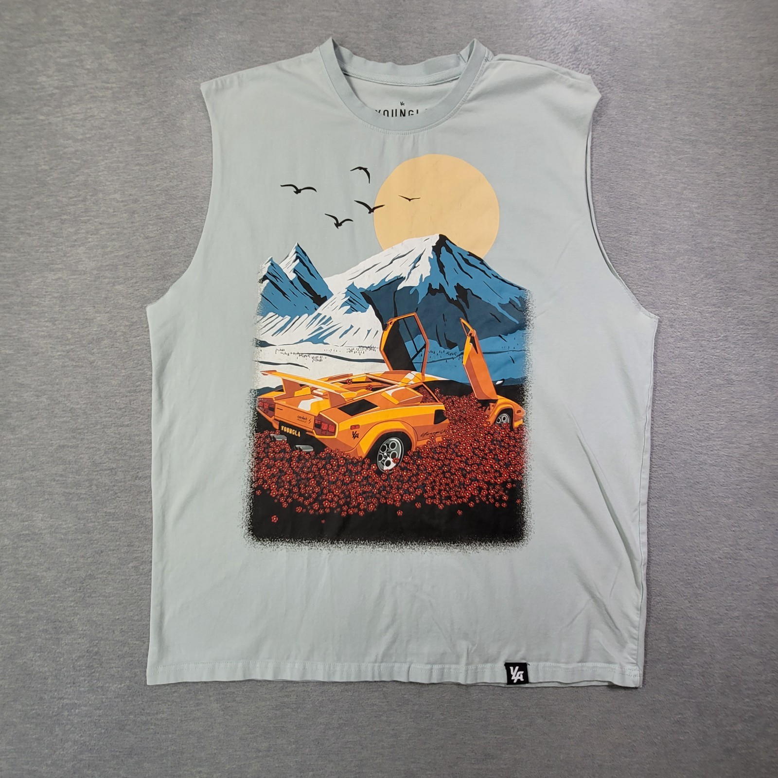 Youngla Tank Top Mens Large Blue Sports Car Mountains Sleeveless Casual Gym gallery