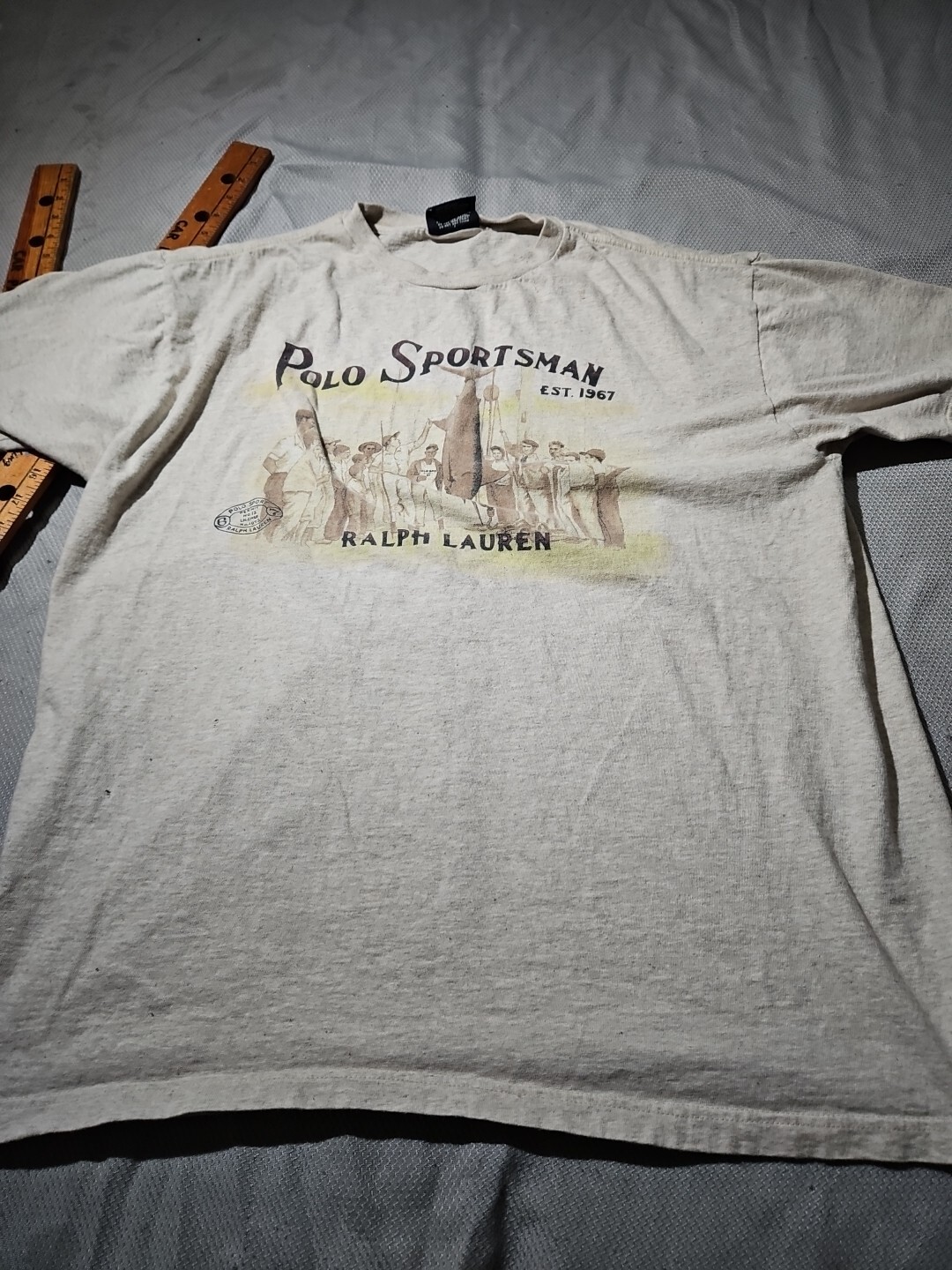 Vtg Polo Sport Shirt Mens Large Beige Sportsman Fishing Preppy Graphic Tee Y2k gallery