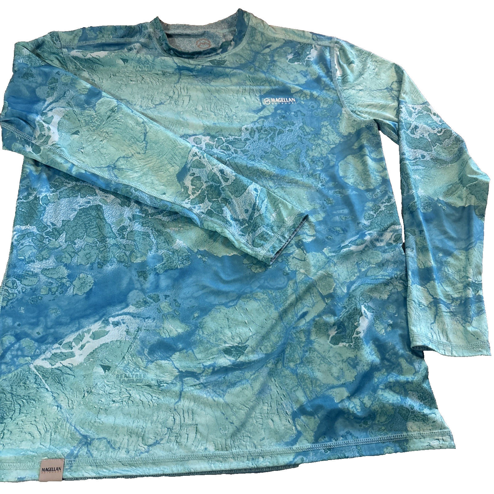Magellan Fishing T-Shirt Aqua Blue Realtree Fish Camouflage Reversible Size Sm