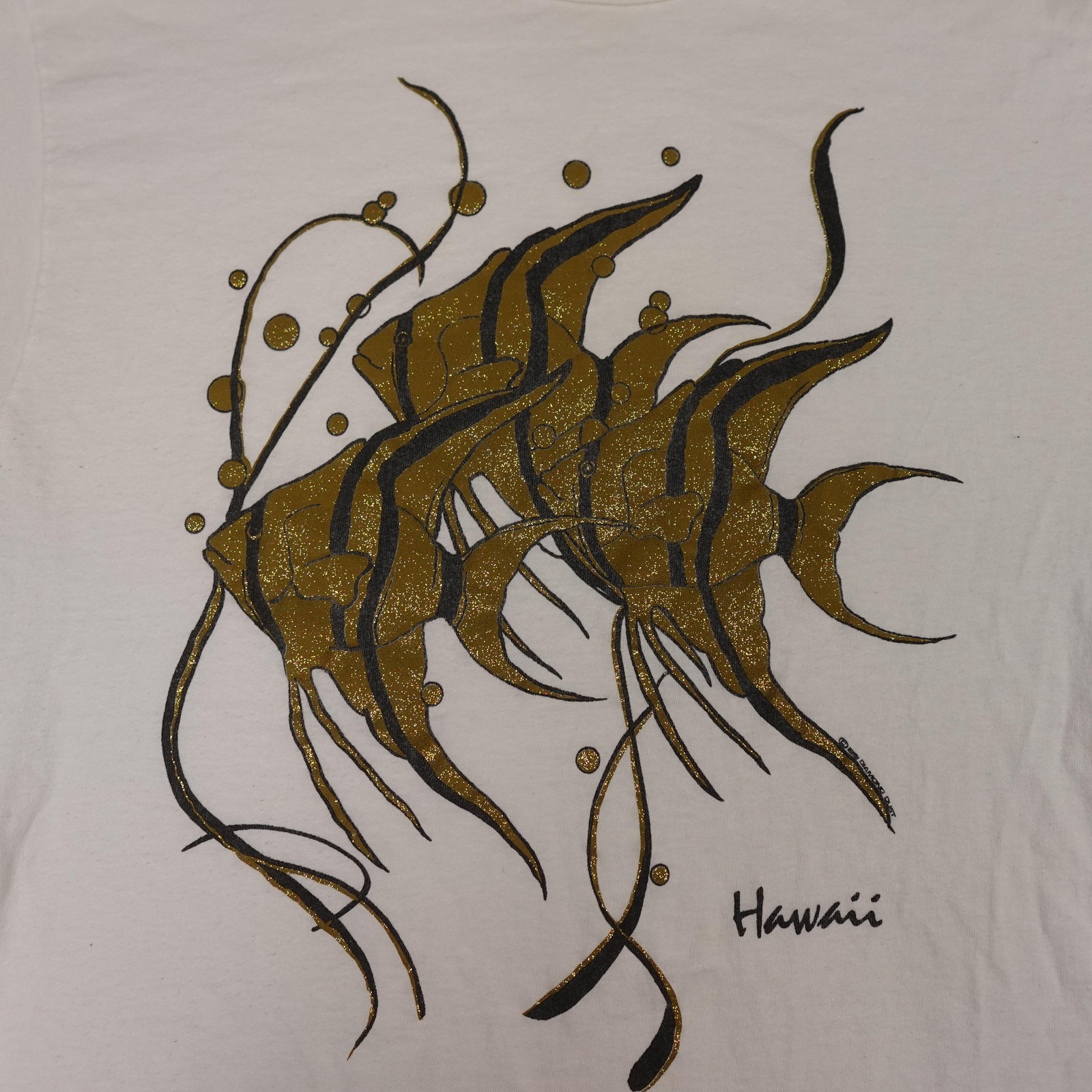Vintage Hawaii Shirt Mens Large White Angelfish Glitter Diamond Dust 90s USA gallery