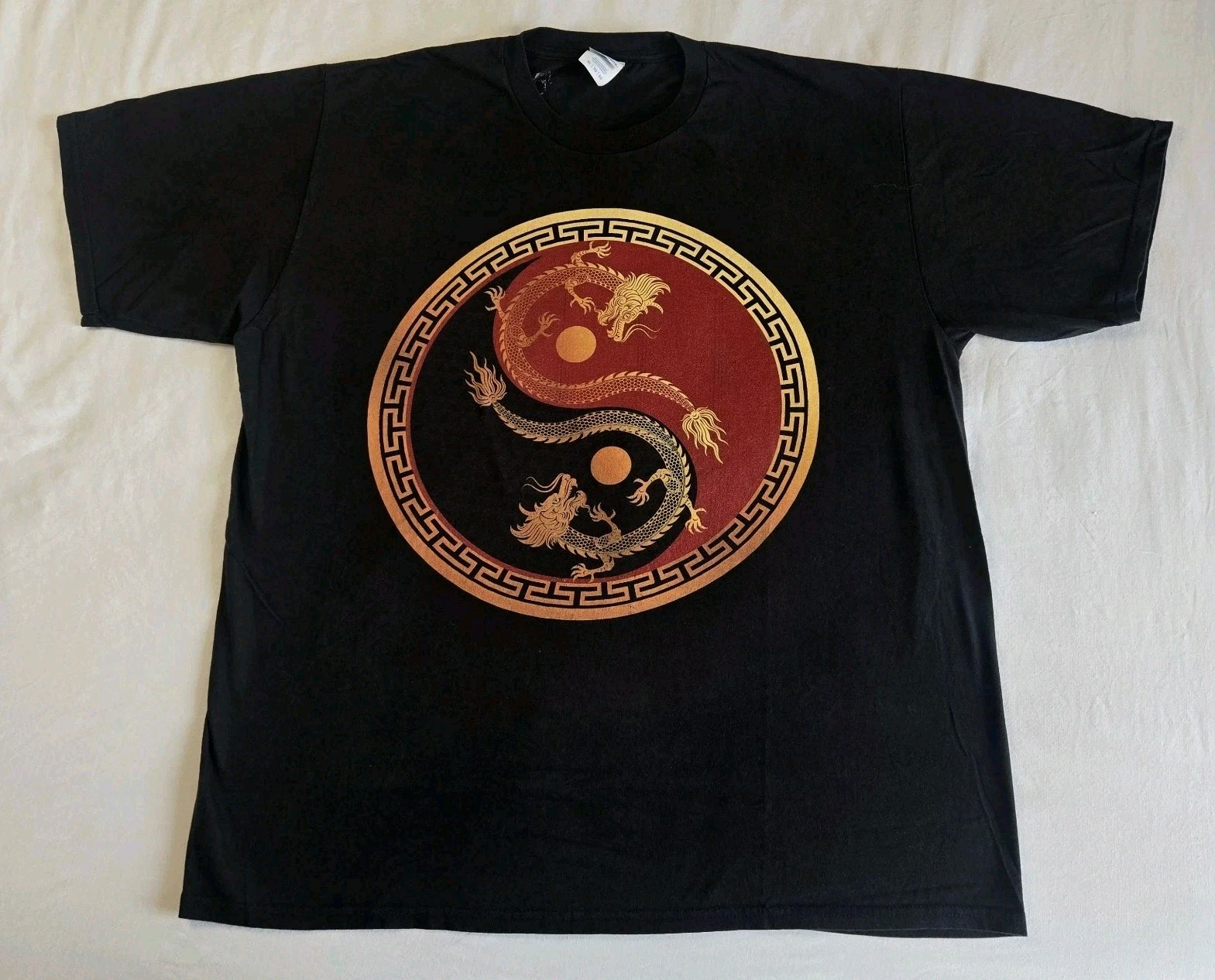 RARE Dragon Red Black Yin Yang Men’s Size XL Shirt Wings Sword Design Short SL