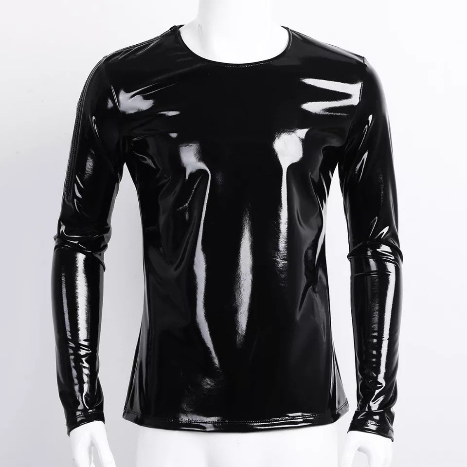 Men's Glossy PVC Leather T-Shirts Long Sleeve Shiny Wetlook Latex Tops Slim Tees gallery