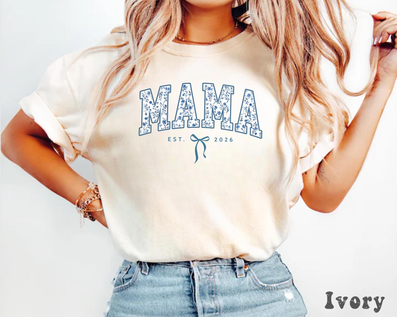 Personalized Mama Shirt, Retro Blue Toile Floral Est 2026 Mom Tee gallery