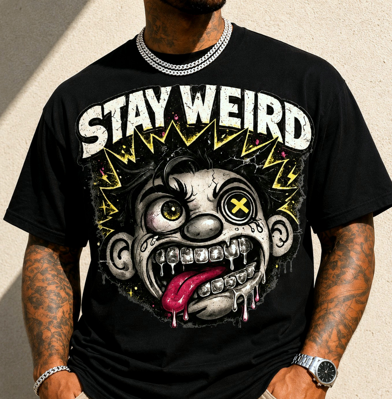 Stay Weird Graphic Tee Streetwear Cartoon Face Oversized Shirt gallery
