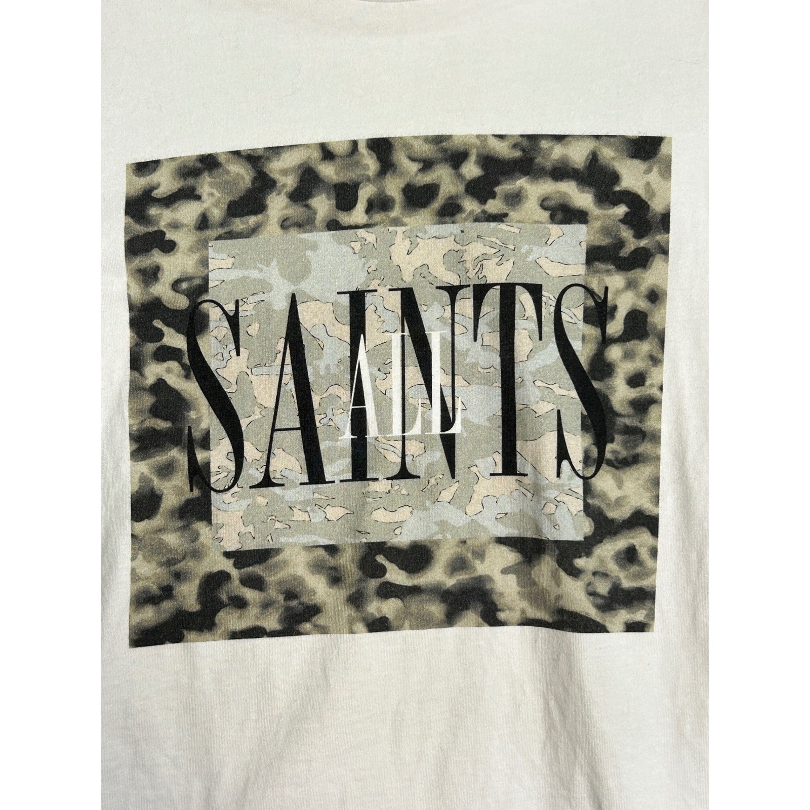 AllSaints Mens Graphic T-Shirt White Leopard Camo Saints Logo Size Small gallery