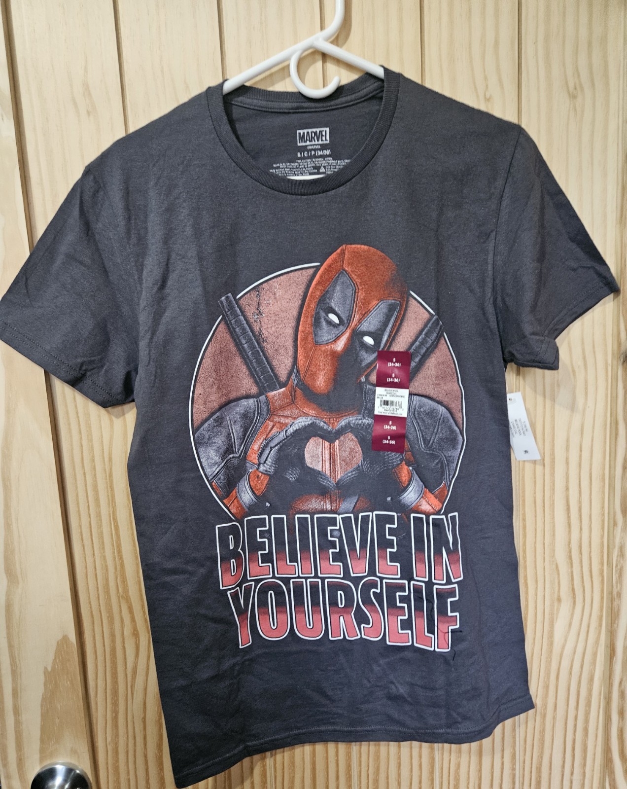DEAD POOL BELIVE IN YOURSELF MENS GRAY T SHIRT SIZE SMALL 34-36 CASUAL SHORT SL