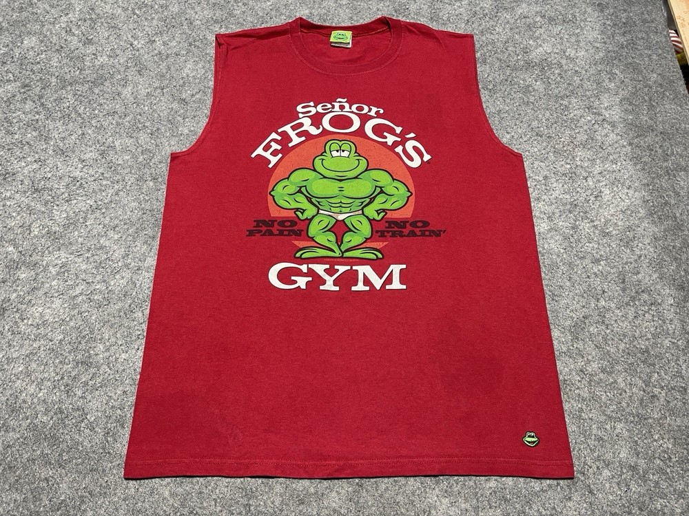 Vtg Distressed Red Senor FROGS GYM Sleeveless Shirt No Pain No Train 2 SIded M