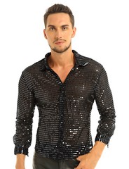 Mens Shiny Sequins Dress Shirt Button Down 70 Disco Party Fever Tops Costume