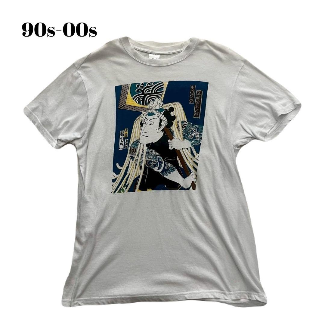 90s 00s Japanese Ukiyo-e Kabuki Art Print Vintage White T-Shirt Size L
