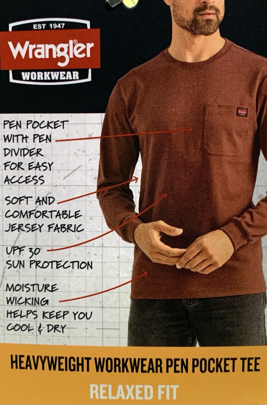 NEW Wrangler Workwear Men's Hi-Vis Yellow Long Sleeve Pocket T-Shirt Size XL gallery