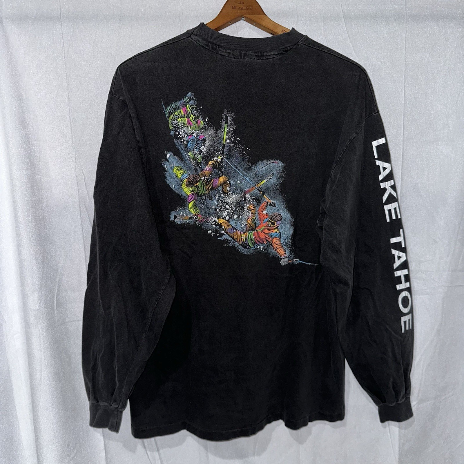 Vintage 1990 Lake Tahoe Ski Long Sleeve T Shirt Front & Back Skiing Size L gallery